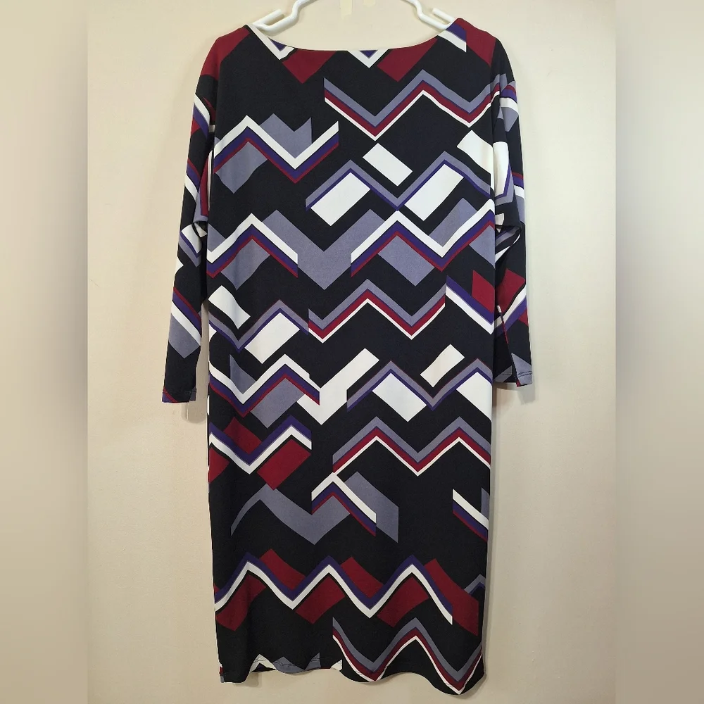 NWOT Lauren Ralph Lauren Sz 8 Zigzag Geometric Print 3/4 Sleeve Shift Dress - Picture 4 of 5